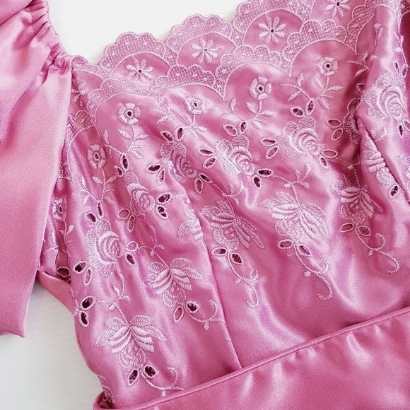 Vintage Union Made 80s Puff Sleeve Satin Pink Embrodiered Floral Midi Dress - Picture 9 of 16